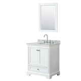 Wyndham WCS202030SWHCMUNOM24 Deborah 30 Inch Single Bathroom Vanity in White, White Carrara Marble Countertop, Undermount Oval Sink, and 24 Inch Mirror