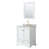 Wyndham WCS202030SWGCMUNOM24 Deborah 30 Inch Single Bathroom Vanity in White, White Carrara Marble Countertop, Undermount Oval Sink, Brushed Gold Trim, 24 Inch Mirror
