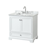 Wyndham WCS202036SWHCMUNSMXX Deborah 36 Inch Single Bathroom Vanity in White, White Carrara Marble Countertop, Undermount Square Sink, and No Mirror