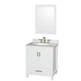 Wyndham WCS141430SWHCMUNOM24 Sheffield 30 Inch Single Bathroom Vanity in White, White Carrara Marble Countertop, Undermount Oval Sink, and 24 Inch Mirror