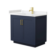 Wyndham WCF292936SBLC2UNSMXX Miranda 36 Inch Single Bathroom Vanity in Dark Blue, Light-Vein Carrara Cultured Marble Countertop, Undermount Square Sink, Brushed Gold Trim