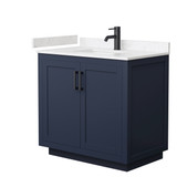 Wyndham WCF292936SBBC2UNSMXX Miranda 36 Inch Single Bathroom Vanity in Dark Blue, Light-Vein Carrara Cultured Marble Countertop, Undermount Square Sink, Matte Black Trim