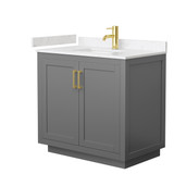 Wyndham WCF292936SGGC2UNSMXX Miranda 36 Inch Single Bathroom Vanity in Dark Gray, Light-Vein Carrara Cultured Marble Countertop, Undermount Square Sink, Brushed Gold Trim