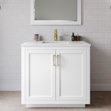 Wyndham WCF292936SWGC2UNSMXX Miranda 36 Inch Single Bathroom Vanity in White, Light-Vein Carrara Cultured Marble Countertop, Undermount Square Sink, Brushed Gold Trim