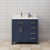 Wyndham WCG242436SBLCCUNSMXX Beckett 36 Inch Single Bathroom Vanity in Dark Blue, Carrara Cultured Marble Countertop, Undermount Square Sink, Brushed Gold Trim