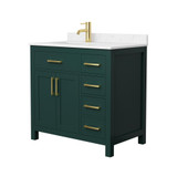 Wyndham WCG242436SGDCCUNSMXX Beckett 36 Inch Single Bathroom Vanity in Green, Carrara Cultured Marble Countertop, Undermount Square Sink, Brushed Gold Trim