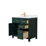 Wyndham WCG242436SGDWCUNSMXX Beckett 36 Inch Single Bathroom Vanity in Green, White Cultured Marble Countertop, Undermount Square Sink, Brushed Gold Trim