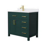 Wyndham WCG242436SGDWCUNSMXX Beckett 36 Inch Single Bathroom Vanity in Green, White Cultured Marble Countertop, Undermount Square Sink, Brushed Gold Trim
