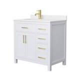 Wyndham WCG242436SWGCCUNSMXX Beckett 36 Inch Single Bathroom Vanity in White, Carrara Cultured Marble Countertop, Undermount Square Sink, Brushed Gold Trim