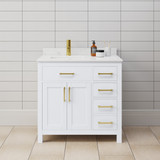 Wyndham WCG242436SWGCCUNSMXX Beckett 36 Inch Single Bathroom Vanity in White, Carrara Cultured Marble Countertop, Undermount Square Sink, Brushed Gold Trim