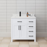 Wyndham WCG242436SWBCCUNSMXX Beckett 36 Inch Single Bathroom Vanity in White, Carrara Cultured Marble Countertop, Undermount Square Sink, Matte Black Trim