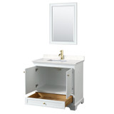 Wyndham WCS202036SWGC2UNSM24 Deborah 36 Inch Single Bathroom Vanity in White, Carrara Cultured Marble Countertop, Undermount Square Sink, Brushed Gold Trim, 24 Inch Mirror