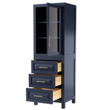 Wyndham WCV2525LTBL Daria Linen Tower in Dark Blue with Shelved Cabinet Storage and 3 Drawers