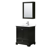 Wyndham WCS202030SDEWCUNSMED Deborah 30 Inch Single Bathroom Vanity in Dark Espresso, White Cultured Marble Countertop, Undermount Square Sink, Medicine Cabinet
