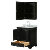 Wyndham WCS202030SDECMUNSMED Deborah 30 Inch Single Bathroom Vanity in Dark Espresso, White Carrara Marble Countertop, Undermount Square Sink, and Medicine Cabinet
