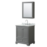 Wyndham WCS202030SKGCMUNOMED Deborah 30 Inch Single Bathroom Vanity in Dark Gray, White Carrara Marble Countertop, Undermount Oval Sink, and Medicine Cabinet