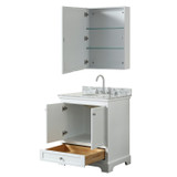 Wyndham WCS202030SWHCMUNOMED Deborah 30 Inch Single Bathroom Vanity in White, White Carrara Marble Countertop, Undermount Oval Sink, and Medicine Cabinet