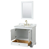 Wyndham WCS202036SWGCMUNOM24 Deborah 36 Inch Single Bathroom Vanity in White, White Carrara Marble Countertop, Undermount Oval Sink, Brushed Gold Trim, 24 Inch Mirror