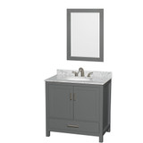 Wyndham WCS141436SKGCMUNOM24 Sheffield 36 Inch Single Bathroom Vanity in Dark Gray, White Carrara Marble Countertop, Undermount Oval Sink, and 24 Inch Mirror