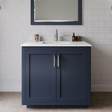 Wyndham WCF292936SBNC2UNSM34 Miranda 36 Inch Single Bathroom Vanity in Dark Blue, Light-Vein Carrara Cultured Marble Countertop, Undermount Square Sink, Brushed Nickel Trim, 34 Inch Mirror