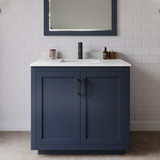 Wyndham WCF292936SBBC2UNSM34 Miranda 36 Inch Single Bathroom Vanity in Dark Blue, Light-Vein Carrara Cultured Marble Countertop, Undermount Square Sink, Matte Black Trim, 34 Inch Mirror