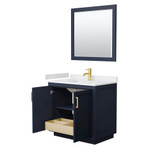 Wyndham WCF292936SBLWCUNSM34 Miranda 36 Inch Single Bathroom Vanity in Dark Blue, White Cultured Marble Countertop, Undermount Square Sink, Brushed Gold Trim, 34 Inch Mirror