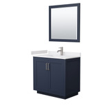 Wyndham WCF292936SBNWCUNSM34 Miranda 36 Inch Single Bathroom Vanity in Dark Blue, White Cultured Marble Countertop, Undermount Square Sink, Brushed Nickel Trim, 34 Inch Mirror