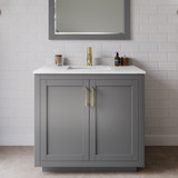 Wyndham WCF292936SGGC2UNSM34 Miranda 36 Inch Single Bathroom Vanity in Dark Gray, Light-Vein Carrara Cultured Marble Countertop, Undermount Square Sink, Brushed Gold Trim, 34 Inch Mirror