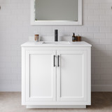 Wyndham WCF292936SWBWCUNSM34 Miranda 36 Inch Single Bathroom Vanity in White, White Cultured Marble Countertop, Undermount Square Sink, Matte Black Trim, 34 Inch Mirror