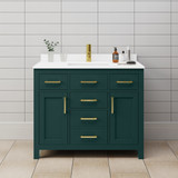 Wyndham WCG242442SGDWCUNSMXX Beckett 42 Inch Single Bathroom Vanity in Green, White Cultured Marble Countertop, Undermount Square Sink, Brushed Gold Trim