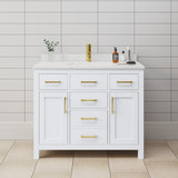 Wyndham WCG242442SWGCCUNSMXX Beckett 42 Inch Single Bathroom Vanity in White, Carrara Cultured Marble Countertop, Undermount Square Sink, Brushed Gold Trim