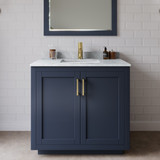Wyndham WCF292936SBLCMUNSM34 Miranda 36 Inch Single Bathroom Vanity in Dark Blue, White Carrara Marble Countertop, Undermount Square Sink, Brushed Gold Trim, 34 Inch Mirror