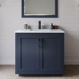 Wyndham WCF292936SBBCMUNSM34 Miranda 36 Inch Single Bathroom Vanity in Dark Blue, White Carrara Marble Countertop, Undermount Square Sink, Matte Black Trim, 34 Inch Mirror