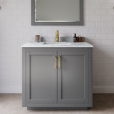 Wyndham WCF292936SGGCMUNSM34 Miranda 36 Inch Single Bathroom Vanity in Dark Gray, White Carrara Marble Countertop, Undermount Square Sink, Brushed Gold Trim, 34 Inch Mirror