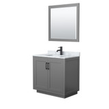 Wyndham WCF292936SGBCMUNSM34 Miranda 36 Inch Single Bathroom Vanity in Dark Gray, White Carrara Marble Countertop, Undermount Square Sink, Matte Black Trim, 34 Inch Mirror