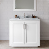 Wyndham WCF292936SWHCMUNSM34 Miranda 36 Inch Single Bathroom Vanity in White, White Carrara Marble Countertop, Undermount Square Sink, Brushed Nickel Trim, 34 Inch Mirror
