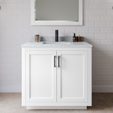Wyndham WCF292936SWBCMUNSM34 Miranda 36 Inch Single Bathroom Vanity in White, White Carrara Marble Countertop, Undermount Square Sink, Matte Black Trim, 34 Inch Mirror