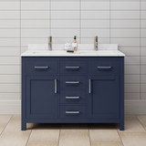 Wyndham WCG242448DBNCCUNSMXX Beckett 48 Inch Double Bathroom Vanity in Dark Blue, Carrara Cultured Marble Countertop, Undermount Square Sinks, Brushed Nickel Trim