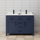 Wyndham WCG242448DBBCCUNSMXX Beckett 48 Inch Double Bathroom Vanity in Dark Blue, Carrara Cultured Marble Countertop, Undermount Square Sinks, Matte Black Trim