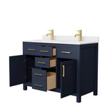 Wyndham WCG242448DBLWCUNSMXX Beckett 48 Inch Double Bathroom Vanity in Dark Blue, White Cultured Marble Countertop, Undermount Square Sinks, Brushed Gold Trim