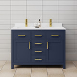 Wyndham WCG242448DBLWCUNSMXX Beckett 48 Inch Double Bathroom Vanity in Dark Blue, White Cultured Marble Countertop, Undermount Square Sinks, Brushed Gold Trim
