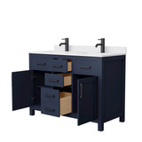 Wyndham WCG242448DBBWCUNSMXX Beckett 48 Inch Double Bathroom Vanity in Dark Blue, White Cultured Marble Countertop, Undermount Square Sinks, Matte Black Trim