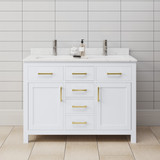 Wyndham WCG242448DWGCCUNSMXX Beckett 48 Inch Double Bathroom Vanity in White, Carrara Cultured Marble Countertop, Undermount Square Sinks, Brushed Gold Trim