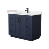 Wyndham WCF292942SBBC2UNSMXX Miranda 42 Inch Single Bathroom Vanity in Dark Blue, Light-Vein Carrara Cultured Marble Countertop, Undermount Square Sink, Matte Black Trim