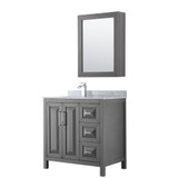 Wyndham WCV252536SKGCMUNSMED Daria 36 Inch Single Bathroom Vanity in Dark Gray, White Carrara Marble Countertop, Undermount Square Sink, and Medicine Cabinet