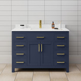Wyndham WCG242448SBLCCUNSMXX Beckett 48 Inch Single Bathroom Vanity in Dark Blue, Carrara Cultured Marble Countertop, Undermount Square Sink, Brushed Gold Trim