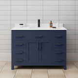 Wyndham WCG242448SBBCCUNSMXX Beckett 48 Inch Single Bathroom Vanity in Dark Blue, Carrara Cultured Marble Countertop, Undermount Square Sink, Matte Black Trim