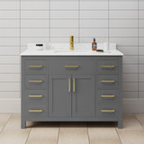 Wyndham WCG242448SGGCCUNSMXX Beckett 48 Inch Single Bathroom Vanity in Dark Gray, Carrara Cultured Marble Countertop, Undermount Square Sink, Brushed Gold Trim