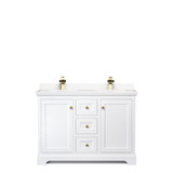 Wyndham WCV232348DWGC2UNSMXX Avery 48 Inch Double Bathroom Vanity in White, Light-Vein Carrara Cultured Marble Countertop, Undermount Square Sinks, Brushed Gold Trim