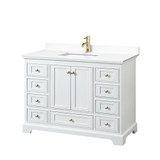 Wyndham WCS202048SWGWCUNSMXX Deborah 48 Inch Single Bathroom Vanity in White, White Cultured Marble Countertop, Undermount Square Sink, Brushed Gold Trim, No Mirror